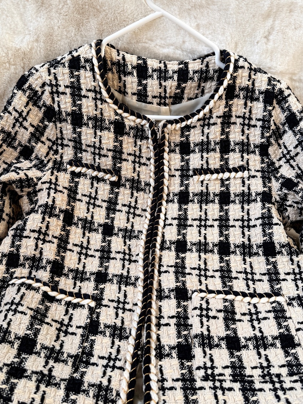 Women’s Black and Cream Tweed Collarless Blazer